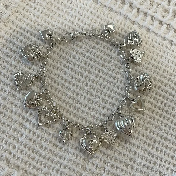 Vintage Jacmel Mauritius JCM Sterling Silver 925 Puffy Heart Charm Bracelet 7.5” - Picture 2 of 5